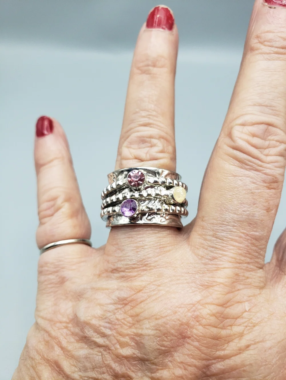 Silver Spinner Ring - 3 Multi-Stack Ring w/ Pink Purple Cream Stones - Hammered